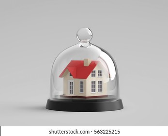 Home Safety. House Under Glass Bell Jar. 3D Rendering With Clipping Path