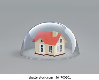 Home Safety. House Under Glass Dome. 3D Rendering