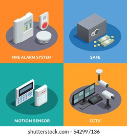 Home Security 4 Isometric Icons Square With Motion Sensor Fire Alarm System And Cctv Abstract Isolated  Illustration 