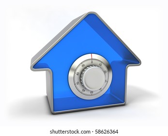 Home Security Concept. Blue House With Combination Safe Lock.