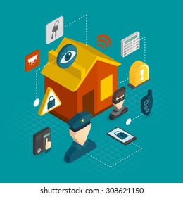 Home Security Isometric Decorative Icons Set With Smart House Thief Guard Alarm System Concept  Illustration