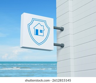 Home with shield icon on hanging white square signboard over tropical sea and blue sky with white clouds, Business home insurance and security concept, 3D rendering - Powered by Shutterstock - Get 15% off with code: PIKWIZARD15