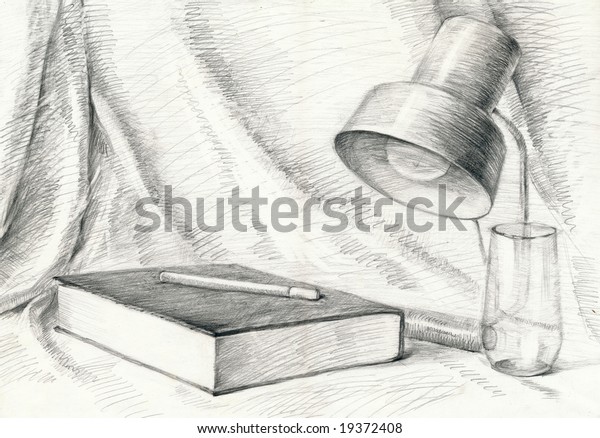 Home Stilllife Lamp Book Drapery Hand Stock Illustration 19372408