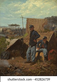 Home, Sweet Home, By Winslow Homer, 1863, American Painting, Oil On Canvas. Two Union Civil War Soldiers In Camp As A Pot Heats On An Outdoor Fire. Beyond Their Tents Are More Idle Troops And A Milit
