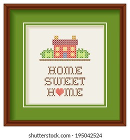 Home Sweet Home Embroidery, Big Heart, Cross Stitch Needlework Sewing Design, Rustic House In Landscape, Green Mat, Mahogany Picture Frame, Isolated On White Background. 