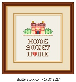 Home Sweet Home Embroidery, With A Big Heart, Cross Stitch Needlework Sewing Design, Rustic House In Landscape, Beige Mat, Mahogany Picture Frame, Isolated On White Background. 