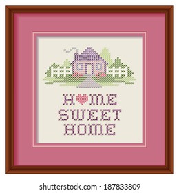 Home Sweet Home Embroidery, Cherry Wood Picture Frame, Lavender Mat, Cross Stitch Pattern Sewing Design In Pastel Colors, Big Red Heart, Needlework House, Picket Fence,  Isolated On White Background.