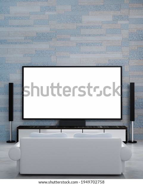 ホームシアターレンガ大理石柄の壁紙 人を含まない リビングルームのミニホームシアター用のテレビとオーディオ機器をスクリーン表示 大理石の床の上の白いソファーベッド 3dレンダリング のイラスト素材