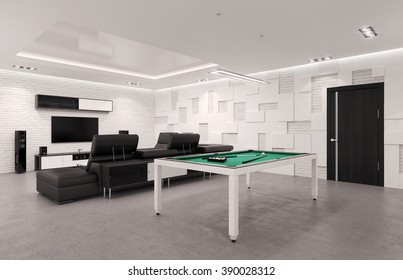 Home Theater Interior With Billiard Table. 3d Illustration.