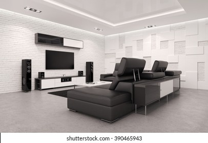 Home Theater Interior with Billiard Table. 3d Illustration.