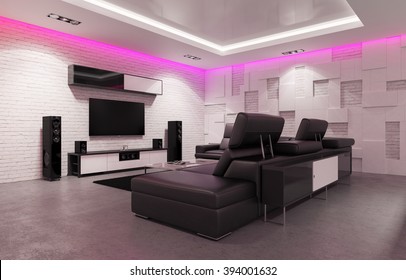 Home Theater Interior With Billiard Table. 3d Illustration.