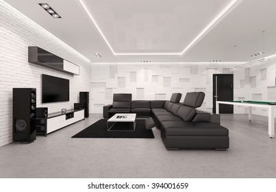 Home Theater Interior With Billiard Table. 3d Illustration.