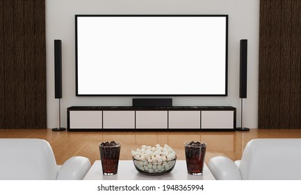 Home Theater On White Plaster Wall. Big Wall Screen TV And  Audio Equipment Use For Mini Home Theater. White Sofa Table On Wooden Floor. Cola And Ice Cube In Clear Glass With Popcorn. 3D Rendering.