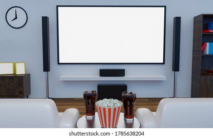 Home Theater With  Popcorn And Soda In Clear Glass On Table. Big Wall Screen TV And  Audio Equipment Use For Mini Home Theater. White Sofa On Wooden Floor. 3D Rendering.