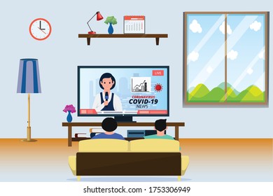 A Home TV Lounge Based Scenario With A Family Watching COVID-19 News Where The News Anchor Is Mentioning About Increase In Coronavirus Cases. A Quarantine Situation Where Residents Are Staying Inside!