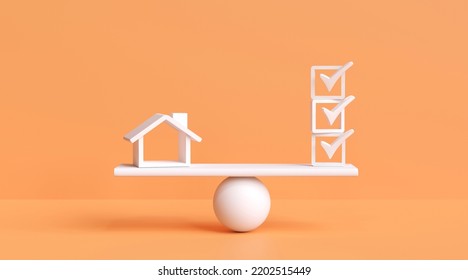 Home vs check mark on scales. Home certification standards, inspections, approvals, home inspection security, checklists. 3D rendering illustration - Powered by Shutterstock