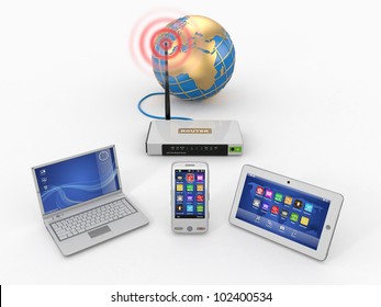 Home Wifi Network. Internet Via Router On Phone, Laptop And Tablet Pc. 3d