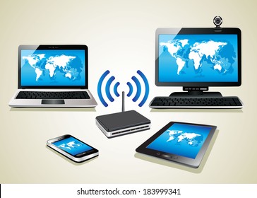 Home Wifi Network. Internet Via Router On Pc, Phone, Laptop And Tablet Pc.