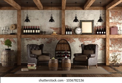 Home wine cellar in retro style with two armchair - 3d rendering