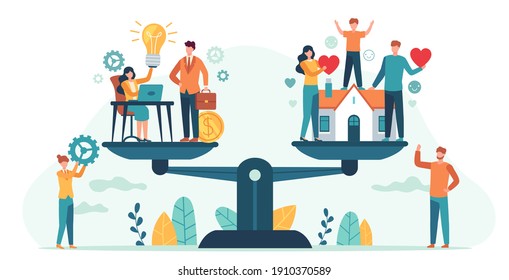 Home And Work On Scales. Woman And Man Balancing Family And Career. Business People Compare Love, Children, Job. Balance Life  Concept. Illustration Comparison Finance Compare Family