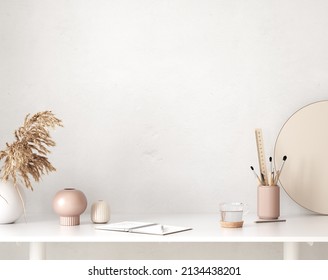 Home Work Place, Table With Décor And Blank Wall Mockup Close Up, 3d Render