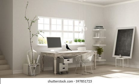 Home Workplace, Scandinavian House Room Corner Office, Classic Minimalist Interior Design, 3d Illustration