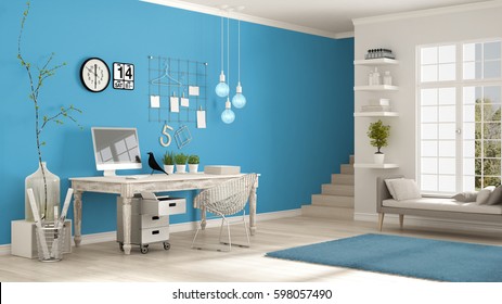 Home Workplace, Scandinavian White And Blue Room, Corner Office, Classic Minimalist Interior Design, 3d Illustration