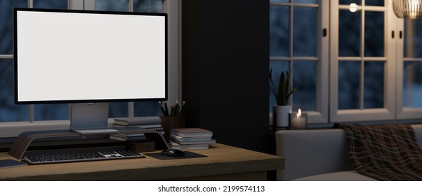 Home Workstation In The Living Room At Night With Modern PC Desktop Computer Mockup And Accessories On Wood Table. Dark Workspace Image. 3d Rendering, 3d Illustration