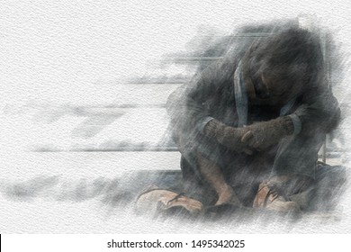 Homeless Or Beggar Are Sad, Dirty, Poor, Hungry, Tired, Fear And Want To Have A Home, Clothes, Food, And Money. Man Waits For An Opportunity From The Person To Help Them With Copy Space On Watercolor