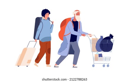 Homeless characters. Refugee man woman, poor people with things. Vagabonds family, old male and young female illustration