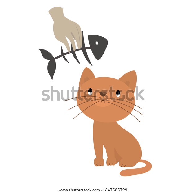 ホームレスの子猫の餌つけのコンセプト 人間の手の中の魚の骨を見つめるかわいい生姜猫 ホームレスの動物の世話 のイラスト素材