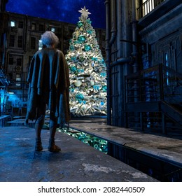 A homeless older man walking in the city on Christmas night - 3d rendering
