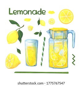 Homemade lemonade. A set of gouache illustrations with lemons, a decanter, a glass, a yellow soft drink and abstract elements. Clipart on a white background. Stock image for decoration. - Powered by Shutterstock