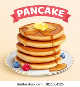 Homemade pancake ads in 3d illustration, pile of pancakes with butter and honey dripping with blueberries and raspberry on a serving plate over beige background - Powered by Shutterstock