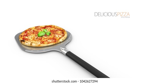 Homemade pizza on a shovel, isolated white, 3d Illustration.
