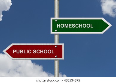 HomeSchool Versus Public School Concept, Red And Green Street Signs With Blue Sky With Words HomeSchool Versus Public School, 3D Illustration