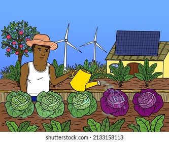 A homesteading agriculture with renewable energy, healthy lifestyle concept. A young adult black African American male farmer watering vegetables in his garden with the wind turbine and solar panel. - Powered by Shutterstock