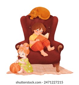 A homey composition featuring a boy and a girl with a cat beside an armchair. The sister plays with a yarn ball while the brother reads a book. The kitten sleeps nearby. Watercolor illustration - Powered by Shutterstock