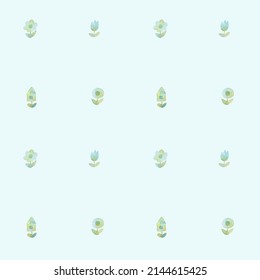 Homogeneous seamless floral pattern. The watercolor texture is pale blue and olive. Funny little plants flowers and houses.