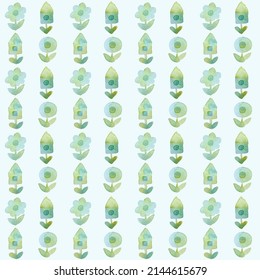 Homogeneous seamless floral pattern. The watercolor texture is pale blue and olive. Funny little plants flowers and houses.