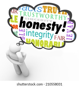 Honesty virtue words in a thought cloud over a thinking person including terms such as sincerity, integrity, truth, candor and trust