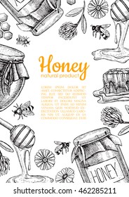 Honey Bee Hand Drawn Illustration Frame. Honey Jar, Bee, Honeycomb, Flower Objects. Great For Banner, Poster, Label, Brochure Template For Business Promote.