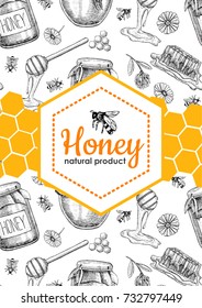  Honey Bee Hand Drawn Illustrations. Honey Jar, Bee, Honeycomb, Flower Objects. Honey Banner, Poster, Label, Brochure Template For Business Promote.