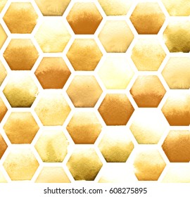 Honey Bee Honeycomb Pattern On White Background. Watercolor Seamless Pattern.