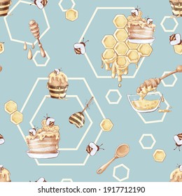 Honey Bee Honeycomb Sweets Seamless Pattern. Watercolor Illustration