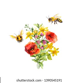 Honey Bees With Floral Bouquet, Meadow Flowers (poppies, Hypericum). Watercolor Illustration