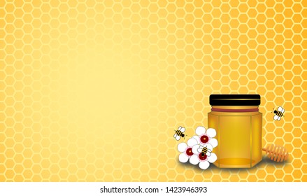 Honey Bottle And Honeycomb With Three Bees On Manuka Flowers , Wooden Dipper On Back, Copy Space On Left,  Illustration Product Brochure Design Background.