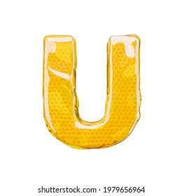 Honey comb font letter U. illustration honey alphabet. 3d render
