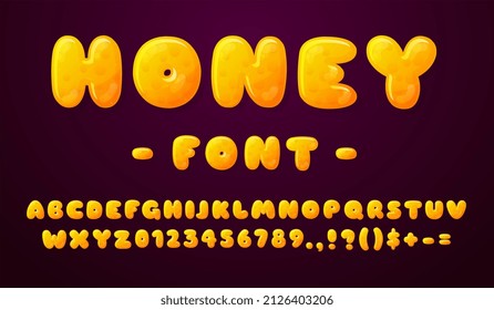 Honey Font. Round Letters, Juicy Color Type Design. Soft Sweet Alphabet, Cartoon Candy Number. Yellow Typography Typeface Recent Sign