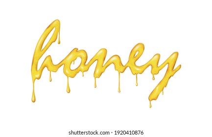 Honey lettering drawn with natural honey. Flowing down sweet letters on white background